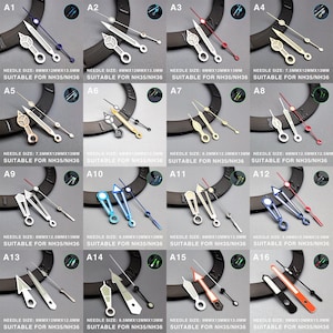 May include: A collection of watch hands in various styles and colors, including silver, gold, blue, and red. Each set includes hour, minute, and second hands. The text on the image indicates the needle size and suitability for NH35/NH36.
