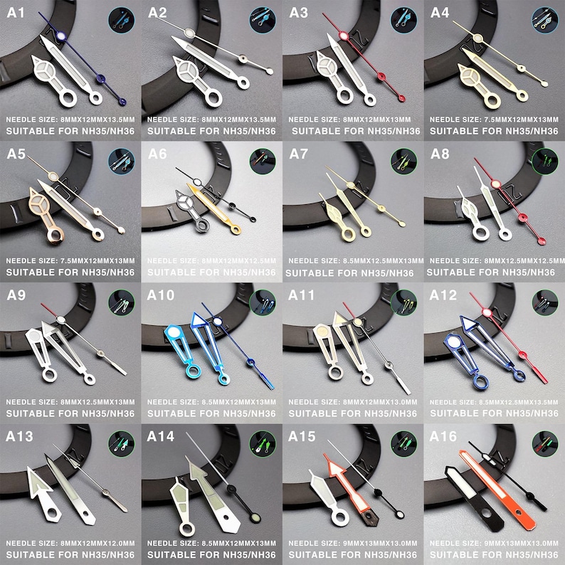 May include: A collection of watch hands in various styles and colors, including silver, gold, blue, and red. Each set includes hour, minute, and second hands. The text on the image indicates the needle size and suitability for NH35/NH36.