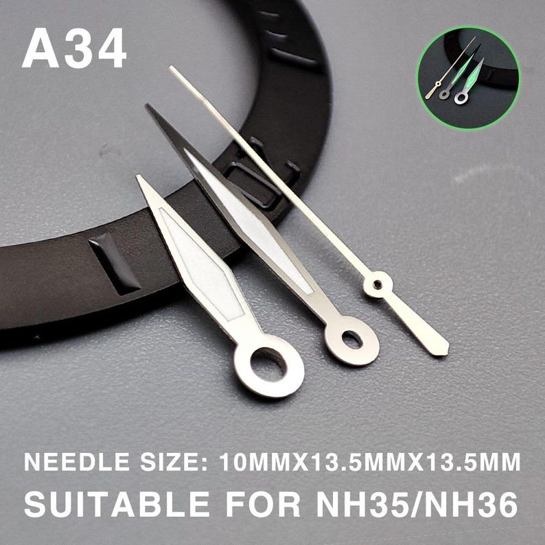 May include: Silver watch hands with white accents and a black watch bezel. The image includes the text "A34" and "NEEDLE SIZE: 10MMX13.5MMX13.5MM SUITABLE FOR NH35/NH36".