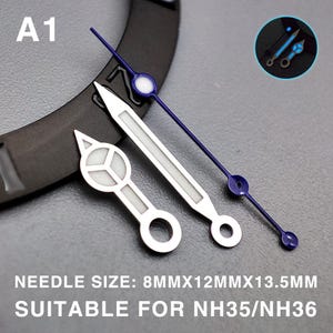 May include: A close-up of watch hands in silver and blue. The set includes a second hand, minute hand, and hour hand. The text "A1" is in the upper left corner. The text "NEEDLE SIZE: 8MMX12MMX13.5MM SUITABLE FOR NH35/NH36" is at the bottom.
