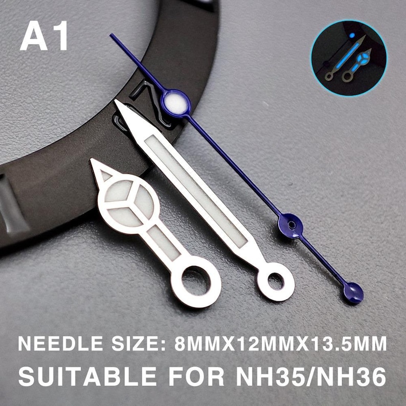 May include: A close-up of watch hands in silver and blue. The set includes a second hand, minute hand, and hour hand. The text "A1" is in the upper left corner. The text "NEEDLE SIZE: 8MMX12MMX13.5MM SUITABLE FOR NH35/NH36" is at the bottom.