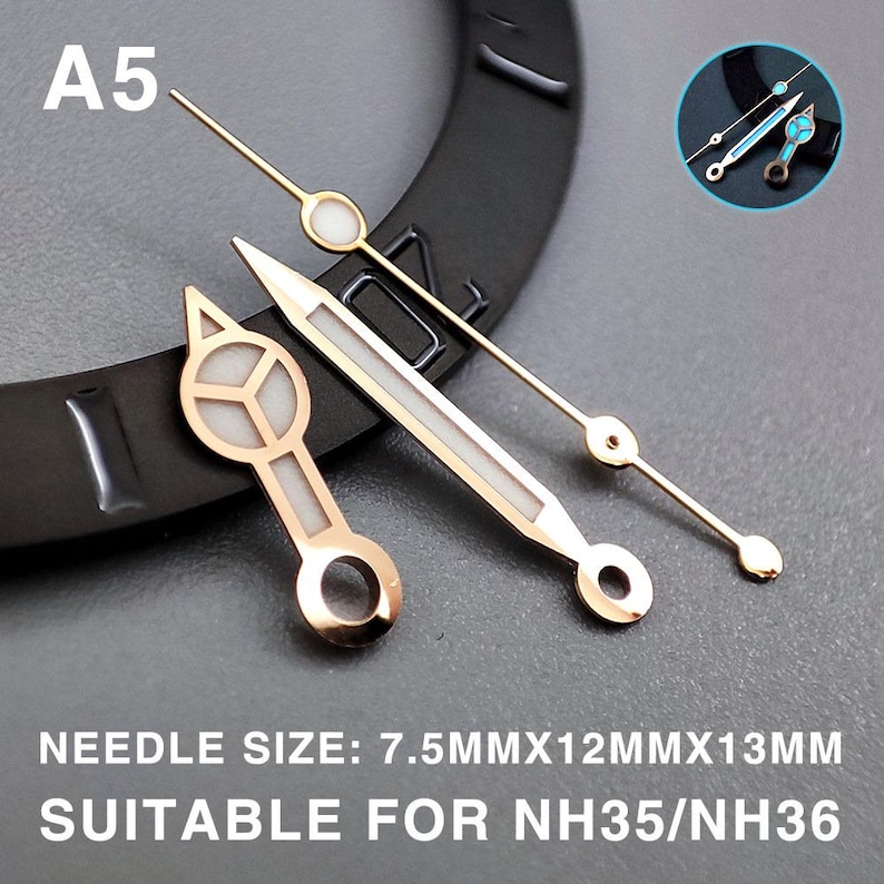 May include: A collection of watch hands in gold and white, with a black watch bezel in the background. The text "A5" is in the upper left corner. The text "NEEDLE SIZE: 7.5MMX12MMX13MM SUITABLE FOR NH35/NH36" is at the bottom.