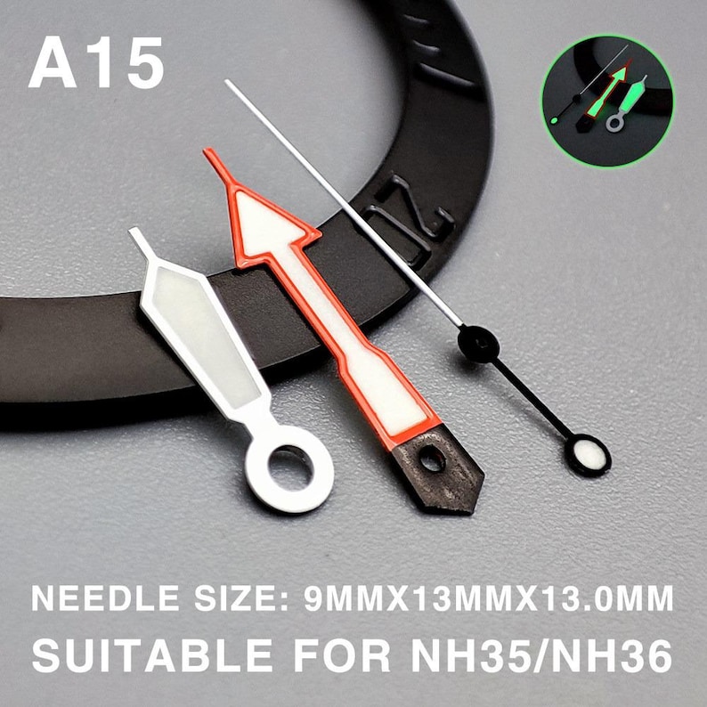 May include: A collection of watch hands in various styles. One hand is white with a rectangular shape, another is red with a white arrow design, and the third is black with a white circle. The text reads "A15" and "NEEDLE SIZE: 9MMX13MMX13.0MM SUITABLE FOR NH35/NH36".