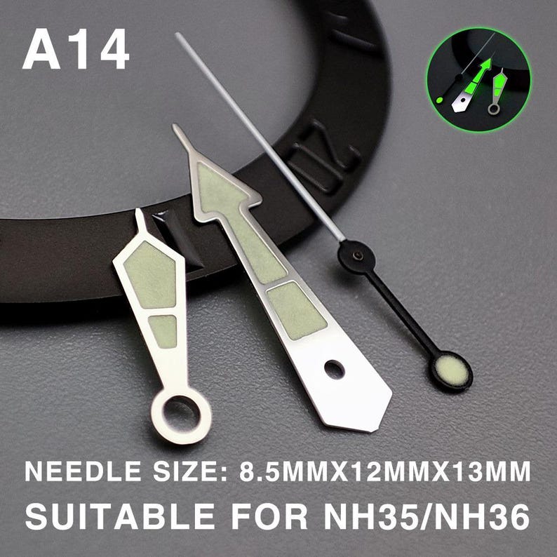 Premium Watch Hands Collection - Glowing Lume - Classic Diver & Sport Styles - Fits NH35 NH36 4R36 Movement - Custom Watch Mod Parts A14
