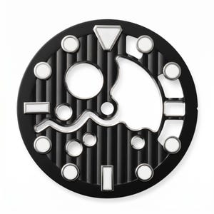 May include: A black and silver watch face with a unique design. The face features a series of silver geometric shapes and circular markers set against a black, vertically-lined background. A white, stylized shark fin shape is also present.