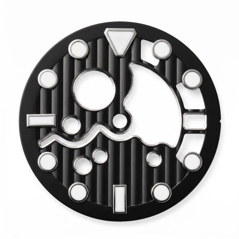 May include: A black and silver watch face with a unique design. The face features a series of silver geometric shapes and circular markers set against a black, vertically-lined background. A white, stylized shark fin shape is also present.