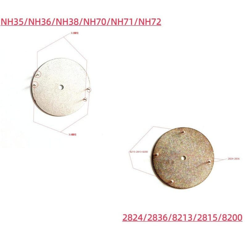 May include: Two circular metal components with central holes and small protruding pins. The top component is silver, and the bottom is bronze. Text at the top reads "NH35/NH36/NH38/NH70/NH71/NH72". The bottom text reads "2824/2836/8213/2815/8200".