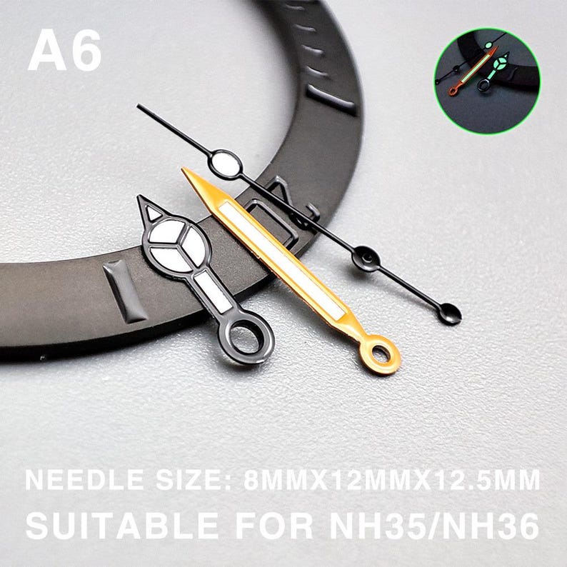 May include: Watch hands in various styles. The image shows a set of watch hands, including a gold-colored hand, a black hand with a white circle, and a black hand with a white and silver design. The text in the image reads "A6" and "NEEDLE SIZE: 8MMX12MMX12.5MM SUITABLE FOR NH35/NH36".