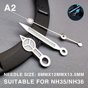 May include: Silver watch hands with white accents, including a second hand, minute hand, and hour hand. The text "A2" is in the upper left corner. The text "NEEDLE SIZE: 8MMX12MMX13.5MM SUITABLE FOR NH35/NH36" is at the bottom.