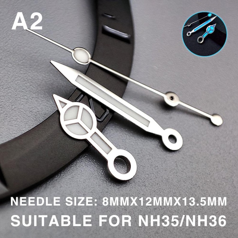 May include: Silver watch hands with white accents, including a second hand, minute hand, and hour hand. The text "A2" is in the upper left corner. The text "NEEDLE SIZE: 8MMX12MMX13.5MM SUITABLE FOR NH35/NH36" is at the bottom.