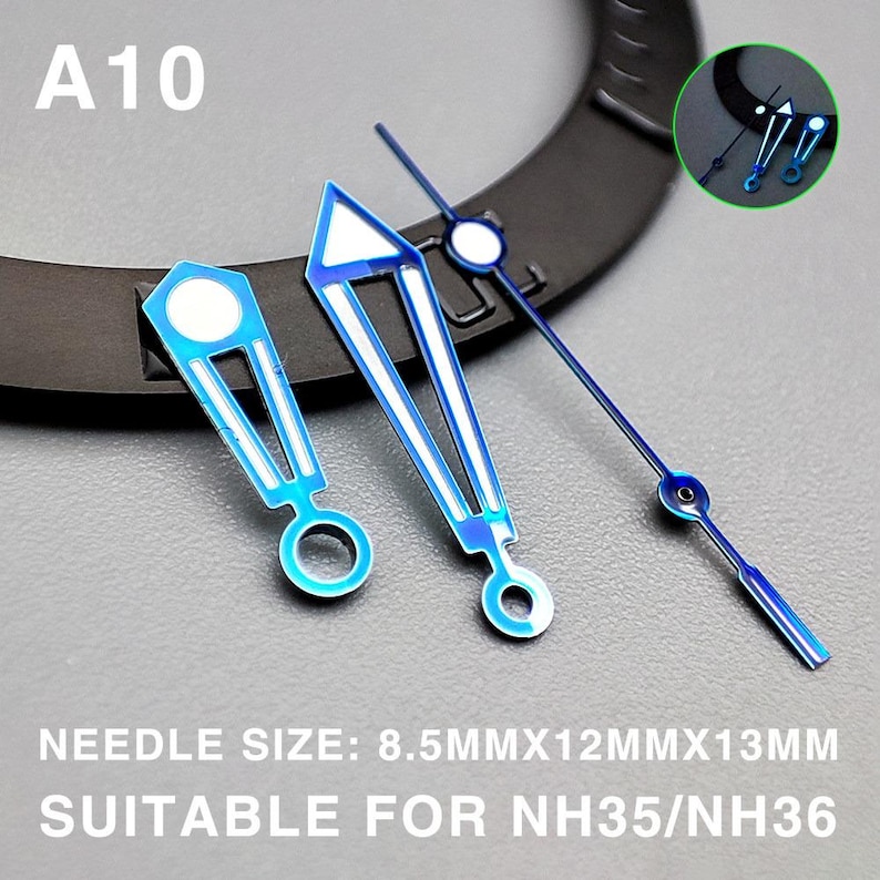 May include: Blue watch hands with white accents. The hands have a geometric design and are labeled "A10". The text on the image reads "NEEDLE SIZE: 8.5MMX12MMX13MM SUITABLE FOR NH35/NH36".