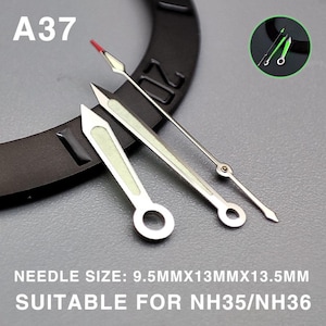 May include: Silver watch hands with luminous accents and a red-tipped second hand. The image includes the text "A37" and "NEEDLE SIZE: 9.5MMX13MMX13.5MM SUITABLE FOR NH35/NH36".