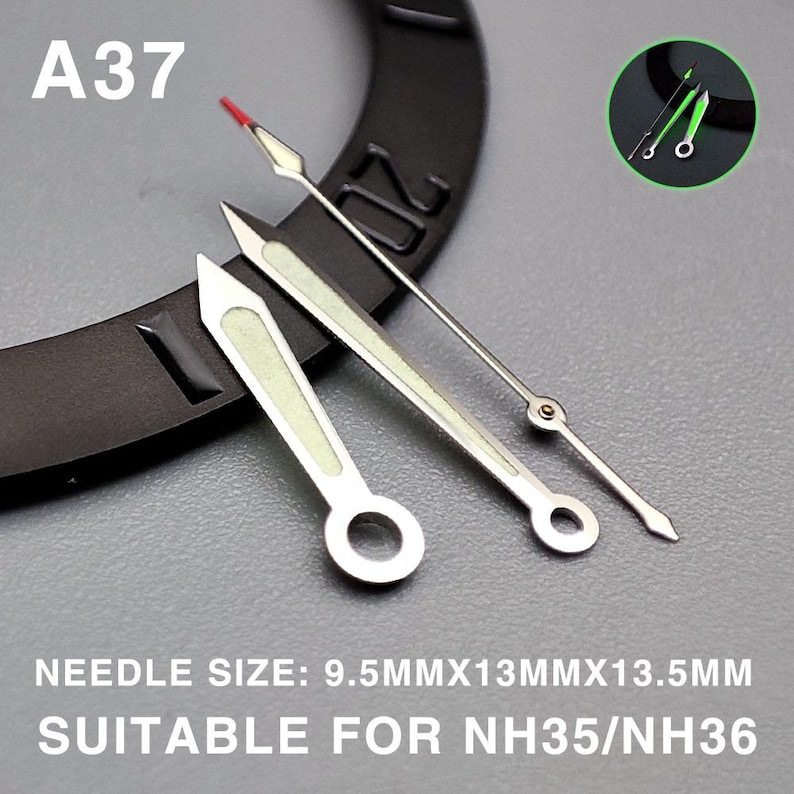 May include: Silver watch hands with luminous accents and a red-tipped second hand. The image includes the text "A37" and "NEEDLE SIZE: 9.5MMX13MMX13.5MM SUITABLE FOR NH35/NH36".