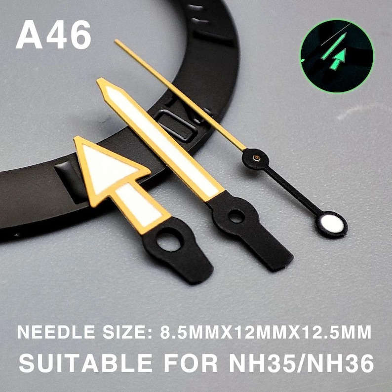 May include: Watch hands set with a black base, gold accents, and white luminous fill. The set includes an arrow-shaped hour hand, a rectangular minute hand, and a thin second hand. Text reads "A46" and "NEEDLE SIZE: 8.5MMX12MMX12.5MM SUITABLE FOR NH35/NH36".