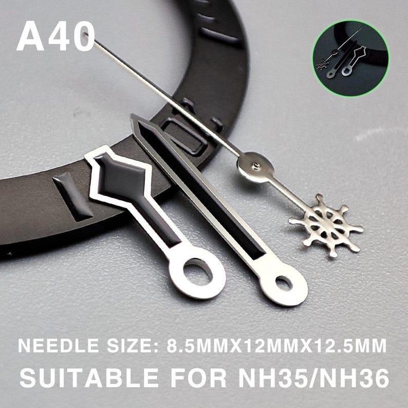 May include: A collection of watch hands in silver and black. The hands include a diamond-shaped hand, a straight hand with a black stripe, a thin hand, and a ship wheel-shaped hand. The text "A40" and "NEEDLE SIZE: 8.5MMX12MMX12.5MM SUITABLE FOR NH35/NH36" are visible.