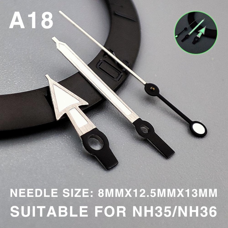 Op de afbeelding: Verschillende horlogewijzers in zilver en zwart met witte accenten. De tekst "A18" is zichtbaar. De tekst "NEEDLE SIZE: 8MMX12.5MMX13MM SUITABLE FOR NH35/NH36" is ook zichtbaar. Geschikt voor NH35/NH36.