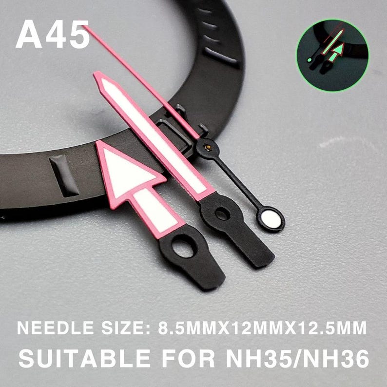 May include: Watch hands with a pink and white design. The hour hand is an arrow shape. The minute and second hands are straight. The text "A45" is visible. The text "NEEDLE SIZE: 8.5MMX12MMX12.5MM SUITABLE FOR NH35/NH36" is also visible.