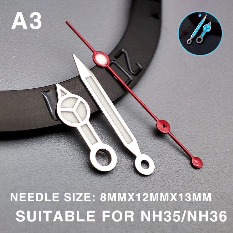 May include: A collection of watch hands in silver and red. The image includes a second hand, minute hand, and hour hand. The text in the image reads "NEEDLE SIZE: 8MMX12MMX13MM SUITABLE FOR NH35/NH36".