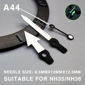 May include: Watch hands in a variety of styles. The hands are black and white with a luminous glow. The text "A44" is visible. The text "NEEDLE SIZE: 8.5MMX12MMX12.5MM SUITABLE FOR NH35/NH36" is also visible.