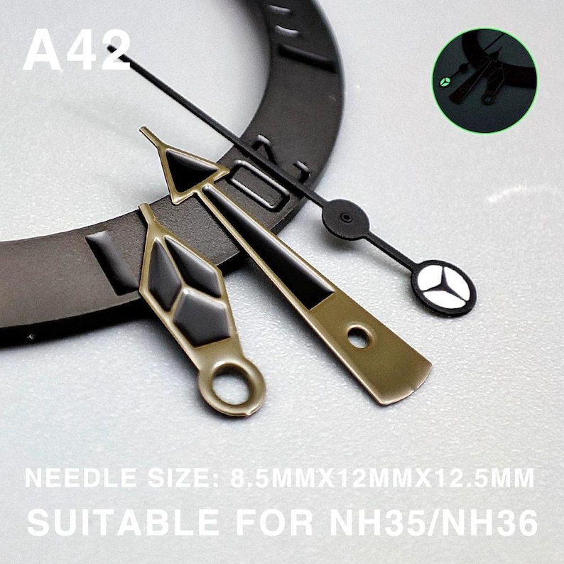 May include: Close-up of watch hands in various styles. The hands are black, gold, and white. The text "A42" is visible. The text "NEEDLE SIZE: 8.5MMX12MMX12.5MM SUITABLE FOR NH35/NH36" is also visible.