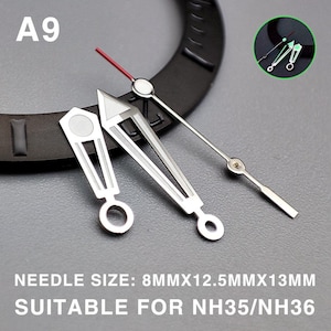 May include: Silver watch hands with a red second hand and a black watch bezel. The hands have a unique design with geometric shapes. The text reads "NEEDLE SIZE: 8MMX12.5MMX13MM SUITABLE FOR NH35/NH36".