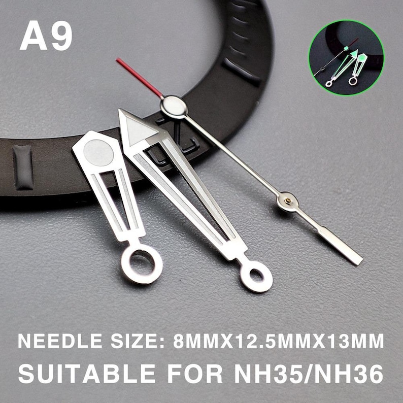 May include: Silver watch hands with a red second hand and a black watch bezel. The hands have a unique design with geometric shapes. The text reads "NEEDLE SIZE: 8MMX12.5MMX13MM SUITABLE FOR NH35/NH36".