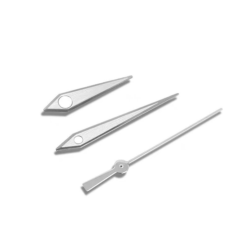 May include: A set of three silver watch hands. The hands are designed for a watch with a traditional analogue clock face.