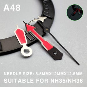 May include: Watch hands set with a red arrow design and a silver accent. The set includes a second hand and a black watch bezel. Text on the image reads "A48" and "NEEDLE SIZE: 8.5MMX12MMX12.5MM SUITABLE FOR NH35/NH36".
