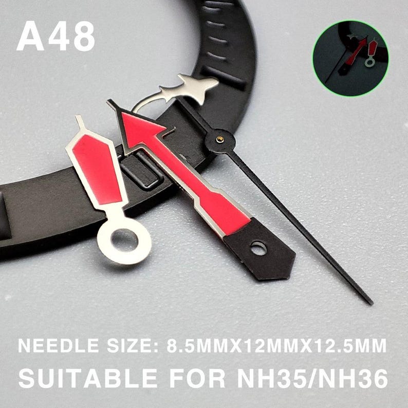 May include: Watch hands set with a red arrow design and a silver accent. The set includes a second hand and a black watch bezel. Text on the image reads "A48" and "NEEDLE SIZE: 8.5MMX12MMX12.5MM SUITABLE FOR NH35/NH36".