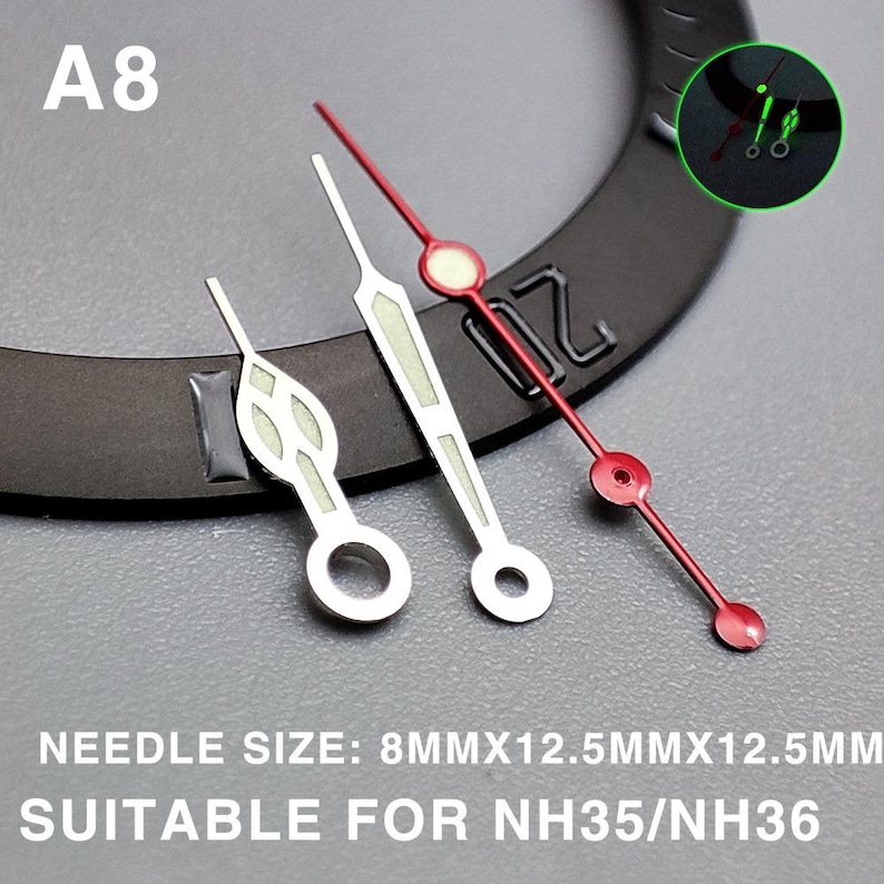 May include: Watch hands in silver and red, with a luminous green glow. The set includes three hands of varying lengths, with the text "A8" and "NEEDLE SIZE: 8MMX12.5MMX12.5MM SUITABLE FOR NH35/NH36".