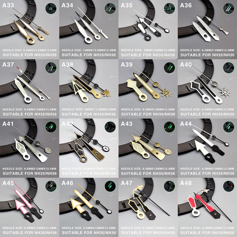 May include: A grid of watch hands in various designs and colors, including gold, silver, black, and red. Each set of hands is labeled with a number and the text "SUITABLE FOR NH35/NH36". The needle size is also listed.