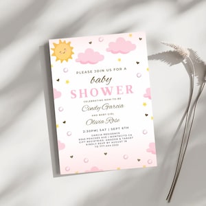 Convite para chá de bebê, modelo editável em Canva para festa de bebê rosa, cartão digital personalizado para festa