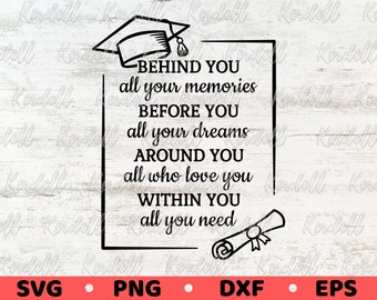May include: Black and white graduation quote graphic with a graduation cap and diploma. The quote reads "Behind you all your memories, before you all your dreams, around you all who love you, within you all you need."