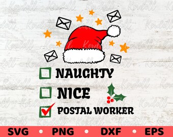 May include: A festive graphic with a Santa hat, envelopes, and stars. The text reads "NAUGHTY," "NICE," and "POSTAL WORKER" with a checkmark next to "POSTAL WORKER." The bottom includes file type options.