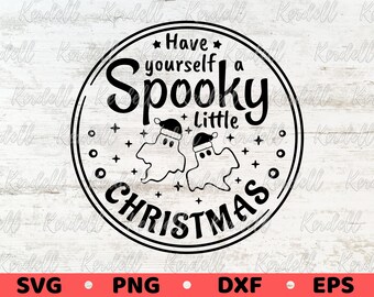 May include: Black and white circular design with the text "Have yourself a Spooky Little Christmas". Two cartoon ghosts wearing Santa hats are featured. The design includes stars and dots.