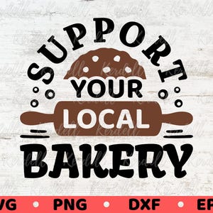 Pode incluir: Design gráfico de texto preto e branco em um fundo de madeira branco. O texto diz "Apoie sua padaria local". Um rolo de massa marrom e uma bola de massa de biscoito marrom estão incluídos no design.