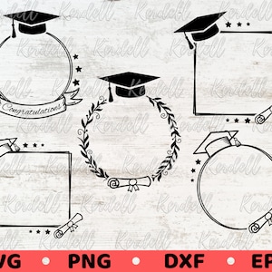 Puede incluir: Cuatro marcos temáticos de graduación en blanco y negro con un gorro de graduación y un diploma. Los marcos tienen forma de círculo, cuadrado, corona y círculo con un diploma.