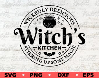 La cucina della strega deliziosa e malvagia che mescola un po' di magia SVG, cartello rotondo della strega di Halloween SVG, cucina magica SVG PNG DXF EPS Sublimazione
