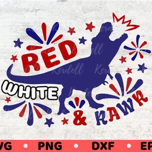 Rojo, blanco y crudo SVG, Dinosaurio del 4 de julio Svg, Camiseta infantil de EE. UU. Svg, Dinosaurio patriótico Svg, Día de la Independencia de los Niños Svg PNG Dxf Eps Sublimación