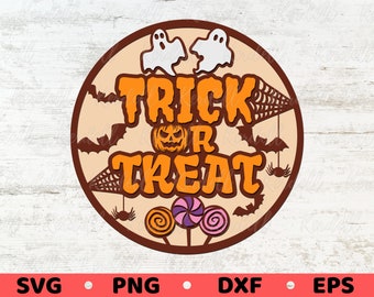ハロウィン トリック・オア・トリート サイン SVG、ハロウィン ドアハンガー SVG、ハロウィン 不気味なサイン SVG、ハロウィン 丸型サイン SVG PNG DXF EPS 昇華