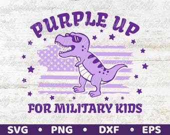 Purple Up For Military Kids American Flag Dinosaur SVG, Military Child USA Flag, Month of the Military Child Svg Png Dxf Eps Sublimation