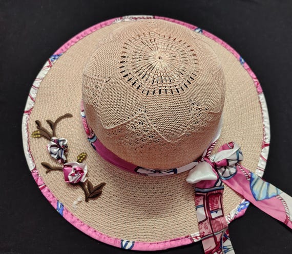 Handmade Straw Summer Hat: Cream & Pink Floral Wide Brim - Etsy display picture 2