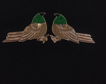 Indian Green Copper Gold And Black Color Sparrow Patch Embroidered Sequin Design Applique Used in Different Designing in Multi Artifacts