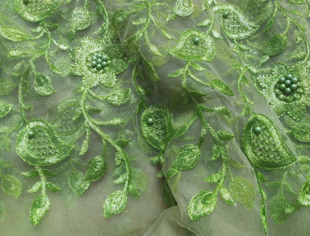 BY Yard Indian Light Green Colour Net Fabric Embroidered Work Beaded ...