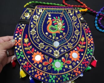 Embroidered Rajasthani Tassel Handbag Blue Orange And Multi Color Peacock Design Floral Mirror Work Bag