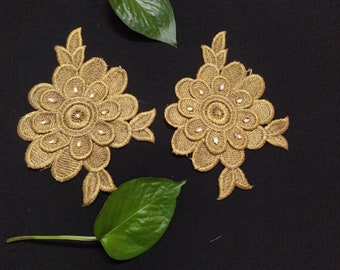 Indian Gold Color Floral Beaded Design Patch Applique Used in Different Designing in Multi Artifacts