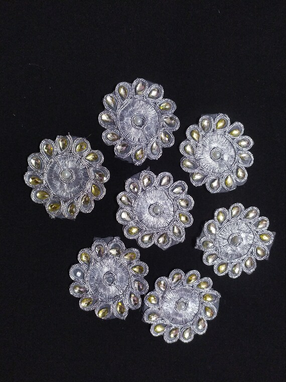 2 Pieces Indian Silver Color Floral Beaded Design Patch Applique Used in Different Designing in Multi Artifacts