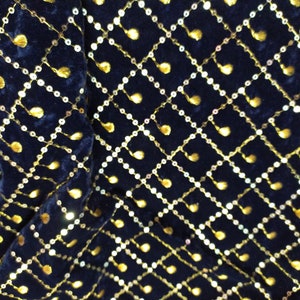 BY Yard Indian Blue Color Velvet Sequin Work Fabric, Embroidered Design Fabric, Costume Fabric, Sewing Fabric, Velvet Fabric, Sequin Fabric.