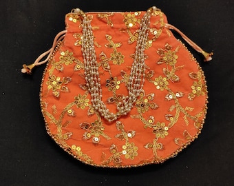 Handmade Peach Sequin Potli Purse, Beaded Chain Wedding Favor