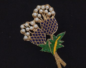 Indian Blue Gold And Green White Beaded Floral Design Patch Applique Used in Different Designing in Multi Artifacts